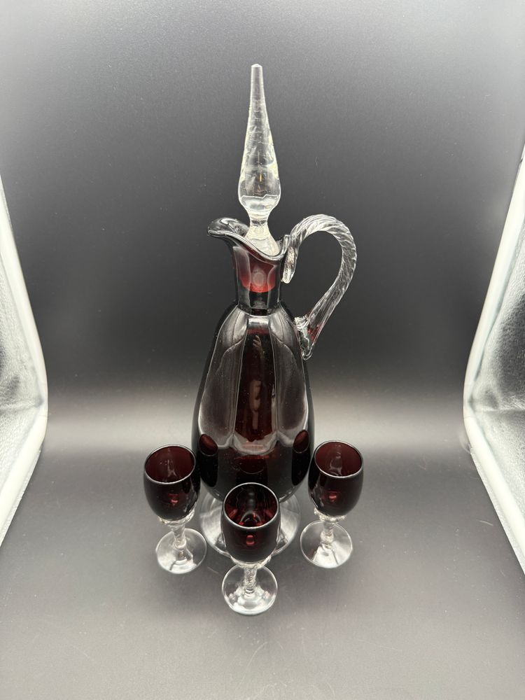 MCM Empoli Amethyst/Purple Decanter with Twisted Applied Handle Stopper 3 Shot Glasses