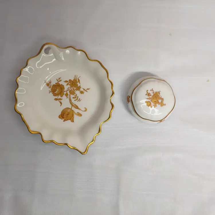 Limoges France Gold Gilt Rose Floral Trinket Box Leaf Dish Jewelry Dresser Set