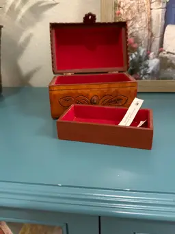 Vintage Wood Trinket/Jewelry Box Wrapped In Genuine Leather with intricate Hand-Tooled Carvings