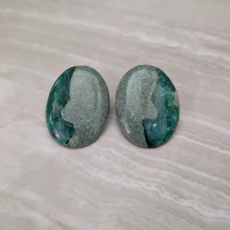 Vintage Clip On Earrings Extra Large Green Tones Oval Statement 1 & 5/8"