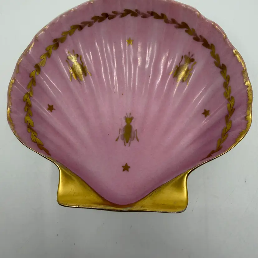 Antique Limoges France Gold Rim Pink Shell Shaped Dish W Bee Design