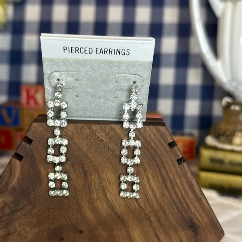 Clear Rhinestone Drop Pierced Earrings - Vintage