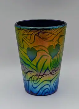 Lundberg Studios Signed Iridescent Hanging Heart Rainbow Swirl Design Glass Vase