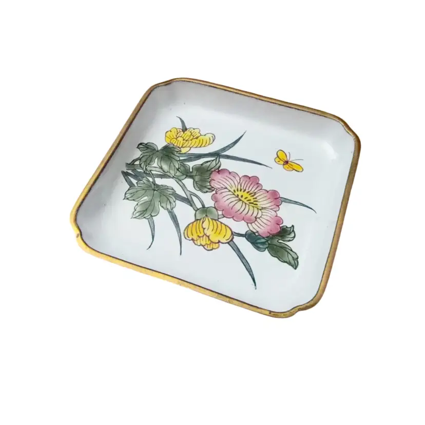 Vintage Chinese Enamel Pin Dish, Floral Trinket Dish 3x3”