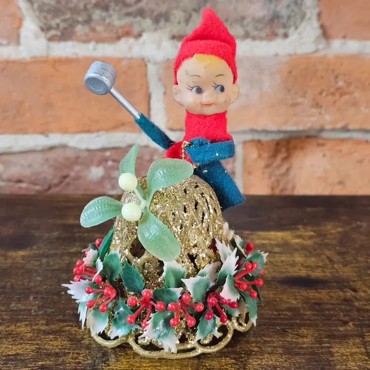 Vintage Christmas Japan Pixie Elf Figurine Bell Knee Hugger Style Glitter Holly Mistletoe Bell Ornament