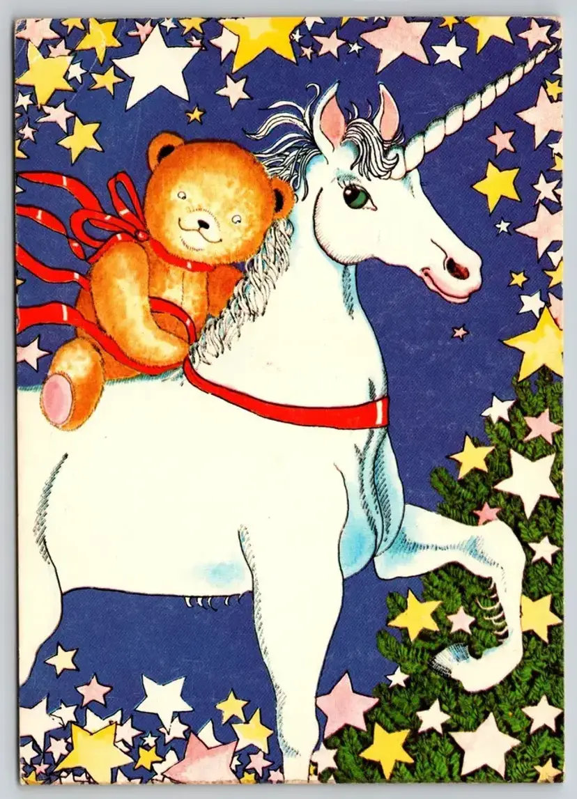 Postcard Christmas Teddy Bear Riding a Unicorn Christmas Tree Stars Mythical Creature -  3542