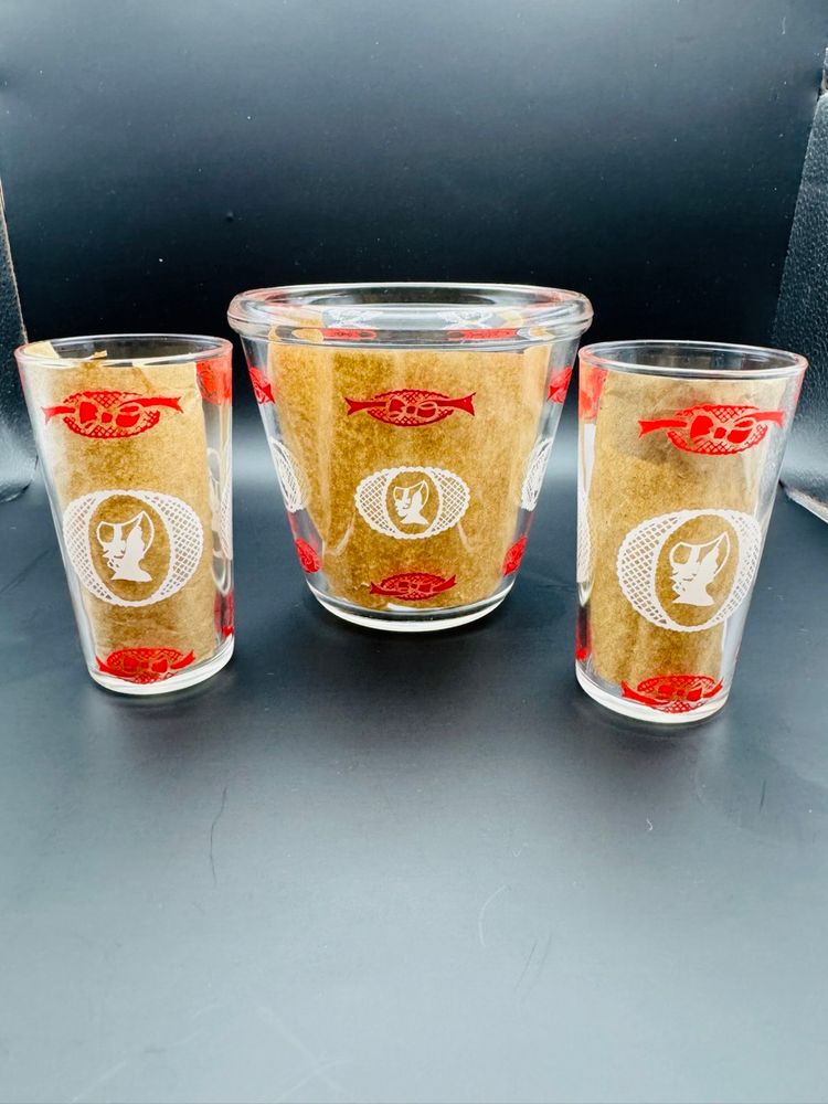 Miniature Red Ribbon/White Bonnet Ice Bucket And 2 Shot Glasses