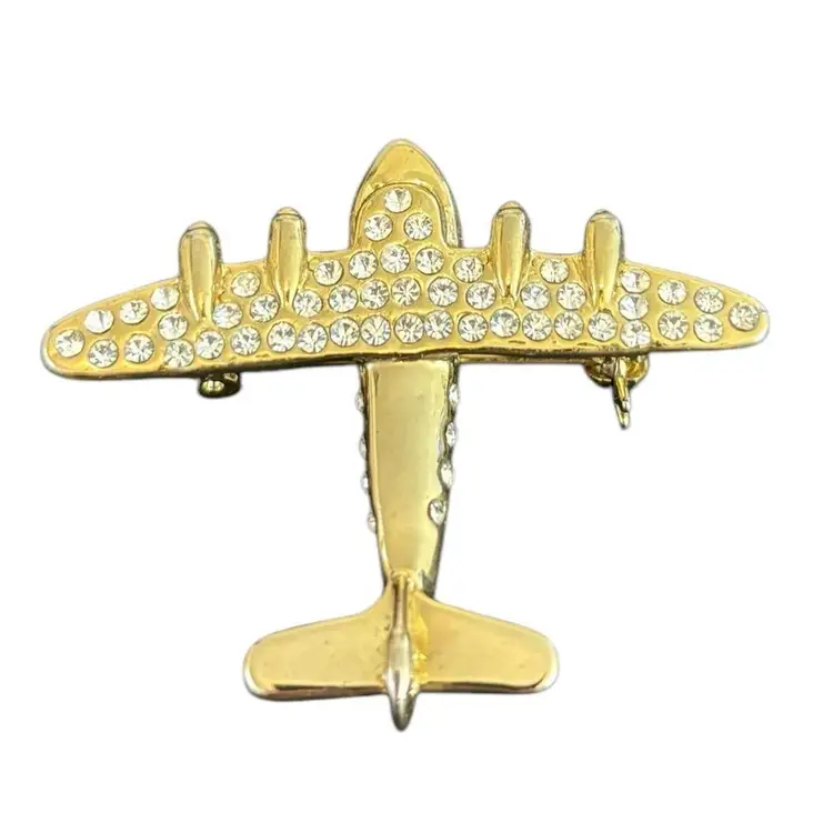 Vintage Gold-Tone Metal Airplane Brooch Pin with Rhinestones