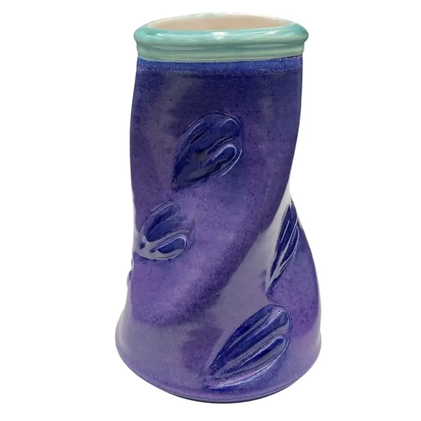 Vintage Betz Malone Studio Pottery Twisted Vase, Purples, Imprints, Sea Foam Rim