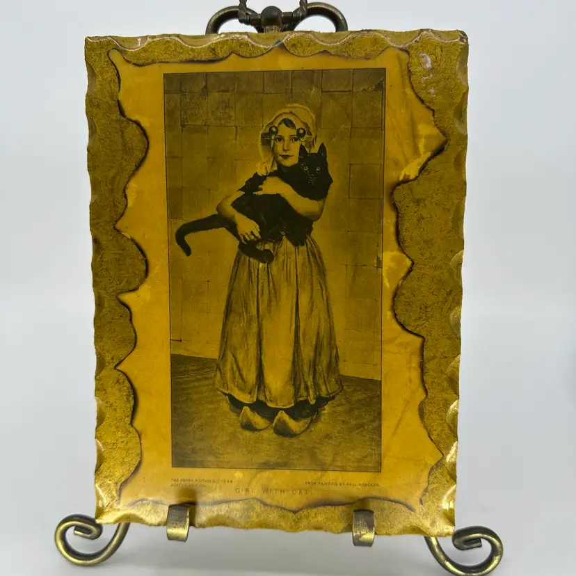 Vintage Wall Hanging “Girl with Cat" by German artist Paula Hoecker