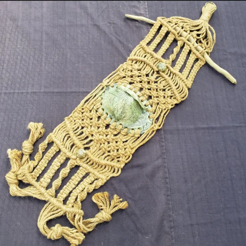 Bohemian MACRAME Rustic Leaf Folk Art Pottery Pocket Planter WALL DECOR