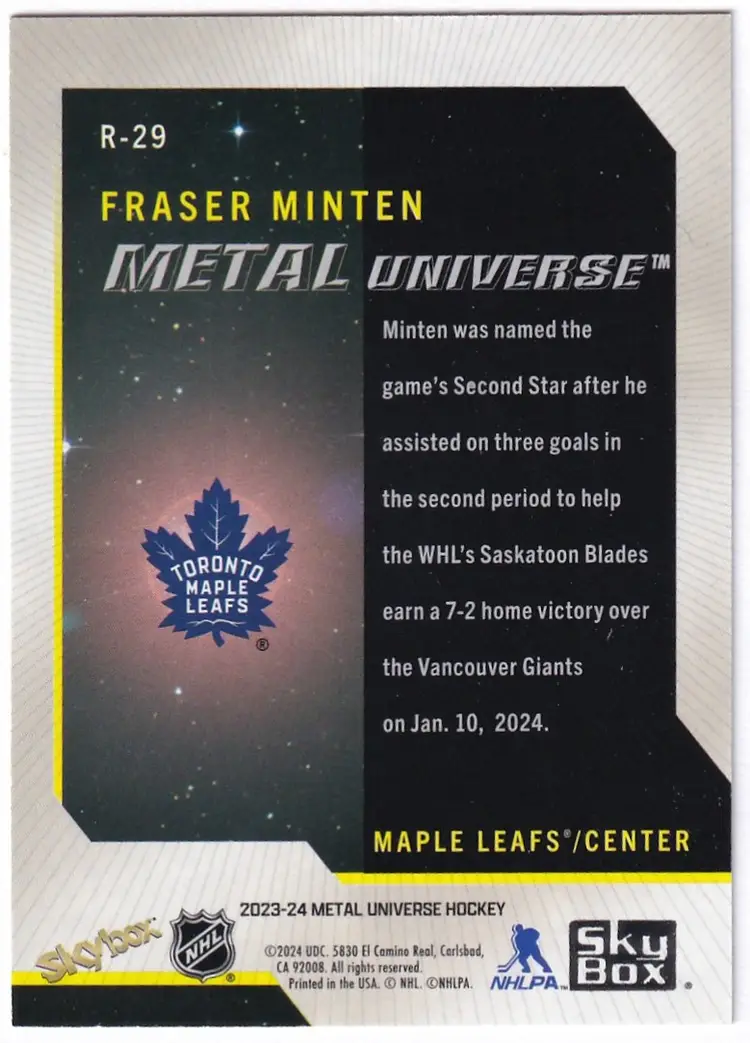 2023-24 Metal Universe '08-09 Rookie Retros #R29 Fraser Minten Toronto Maple Leafs Hockey Card