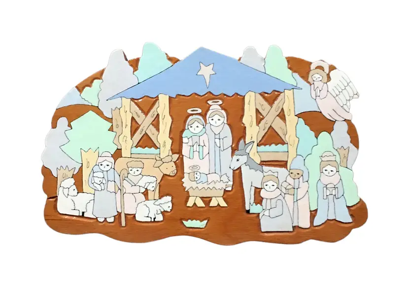 Hand Painted Carved Wood Nativity Holy Family Scene Wall Hanging Plaque