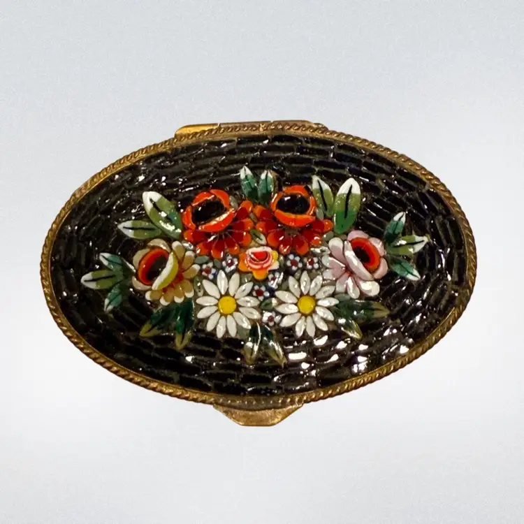Vintage MCM Stunning Floral Micro Mosaic 2” Trinket Box