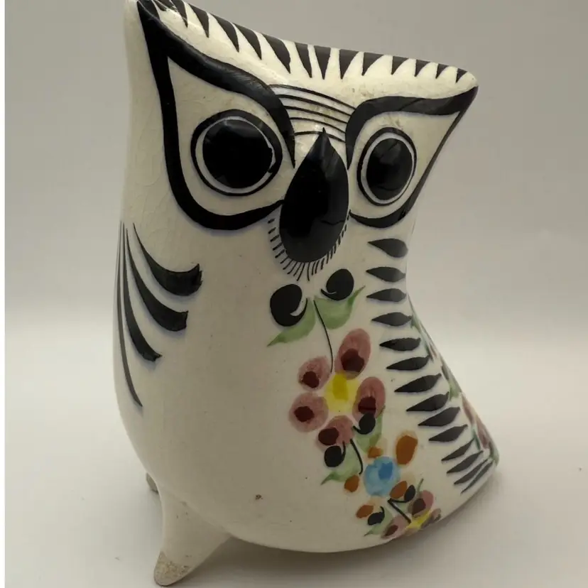 Mexican Folk Art Pottery Tonala Owl With Floral Design