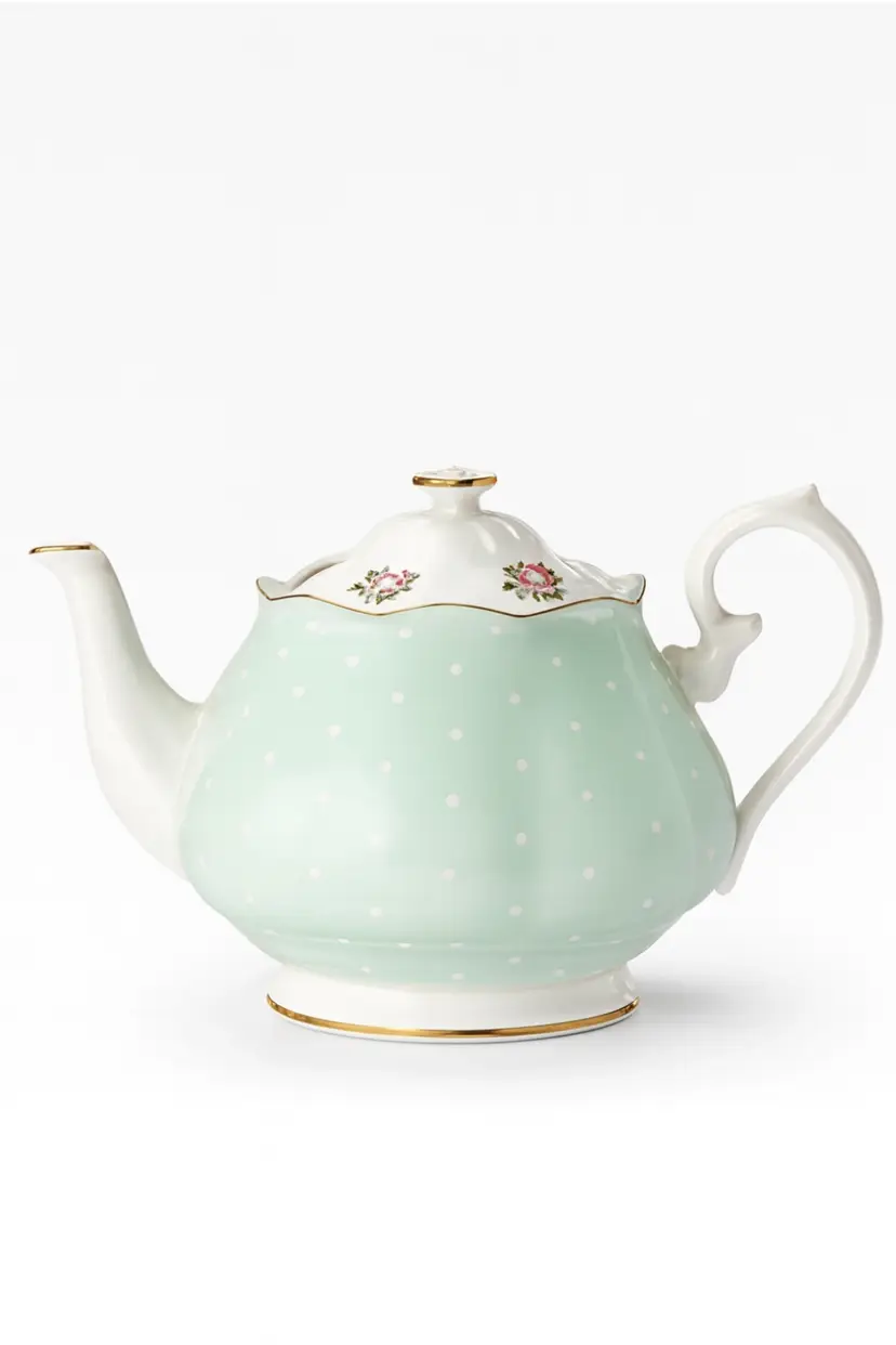 Royal Albert Polka Rose Mint Green Teapot, Fine Bone China, 22k gold trim 6 cup capacity