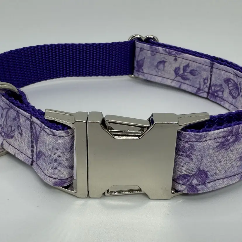 Dog Collar Purple Butterfly Flower Print Large Handmade Heavy Duty Metal Buckle NEW