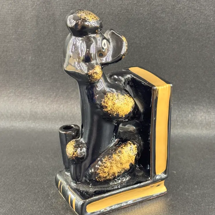 Vintage Porcelain Black & Gold Poodle Bookend
