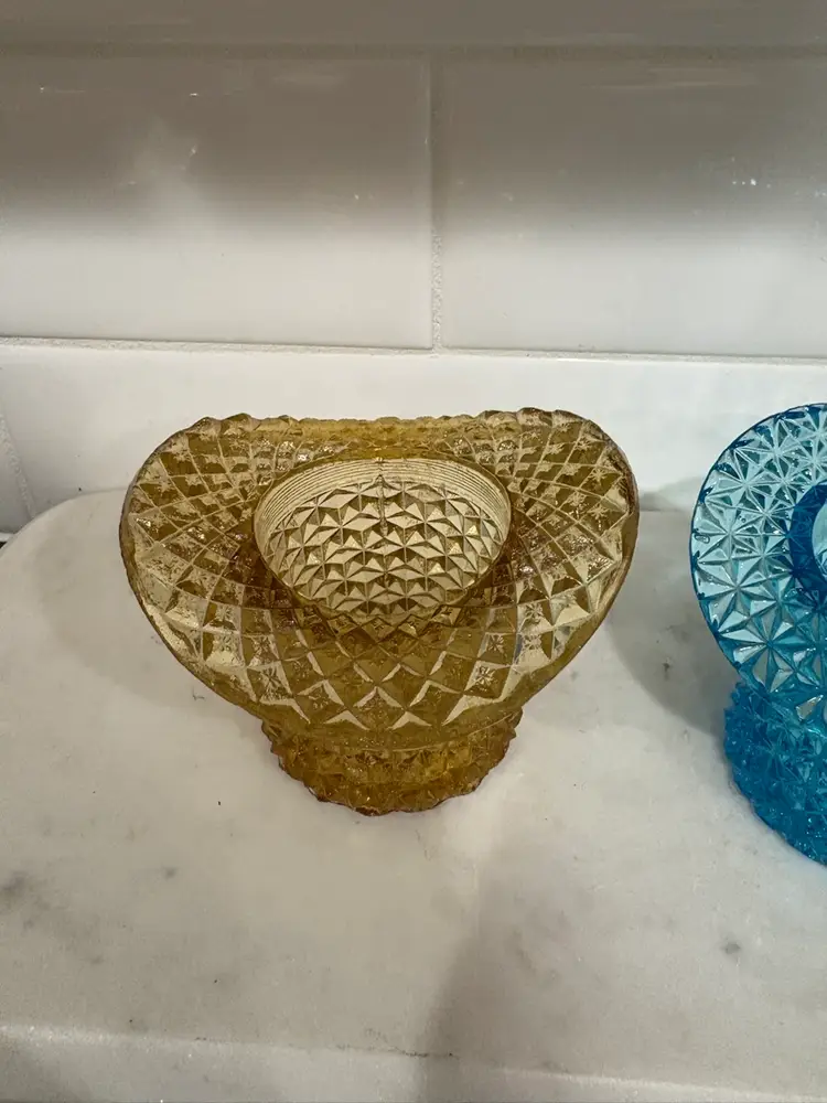 Vintage Fenton Amber And Blue Top Vase Toothpick Holder Or Mini Vase