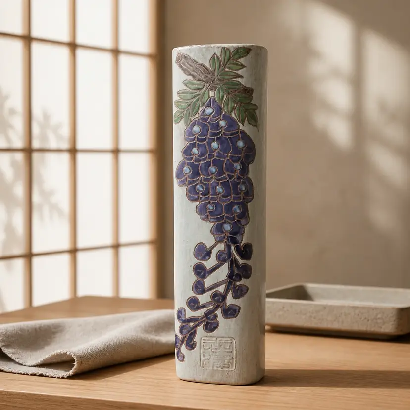Vintage Handmade Ceramic Vase w/ Wisteria Design, 7" Tall