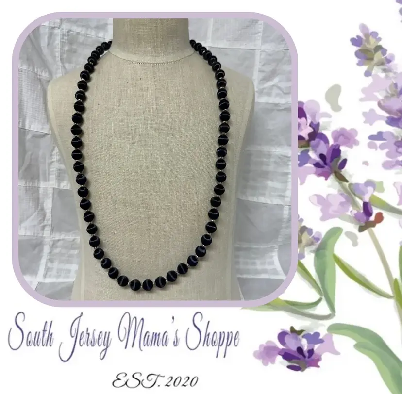 Vintage Blue And Silver Silk Thread Covered Beaded Necklace