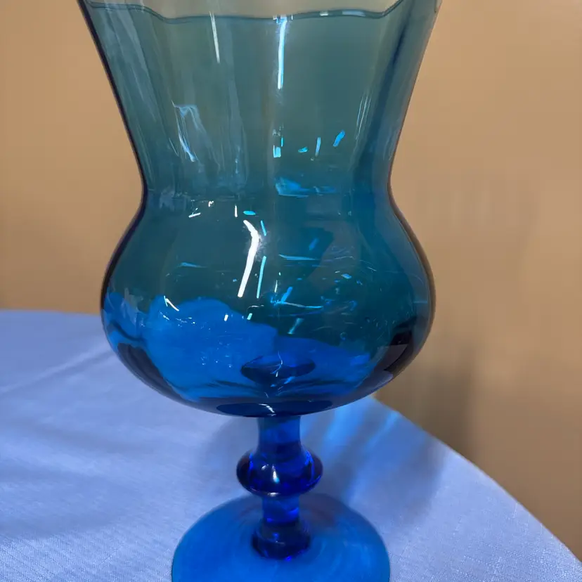 Empoli art glass vase blue stemmed goblet snifter shape 10” tall