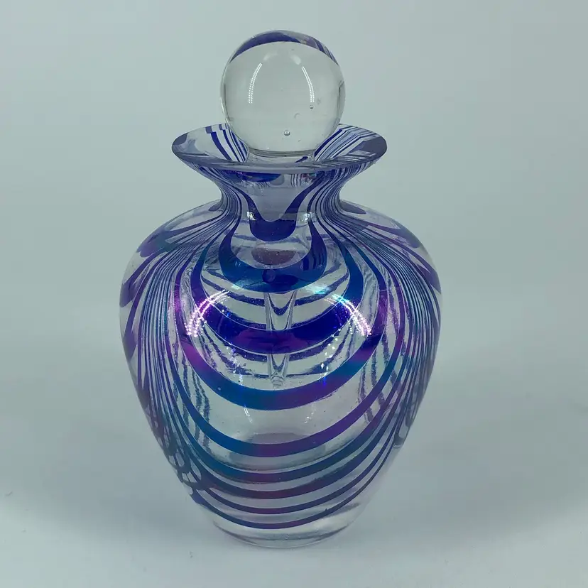 Art Glass Cobalt Iridescent Pulled Feather Perfume Bottle with Stopper