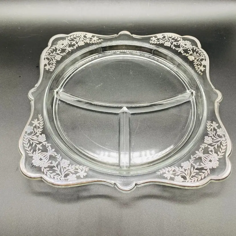#0115 Vintage Floral Silver Overlay Square Pressed Glass Serving Divided Serving Plate Dish