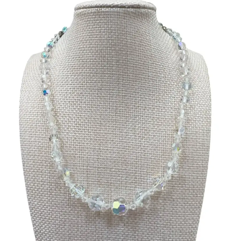 Vintage Clear, Aurora Borealis Graduated A Crystal Adjustable Strand Necklace