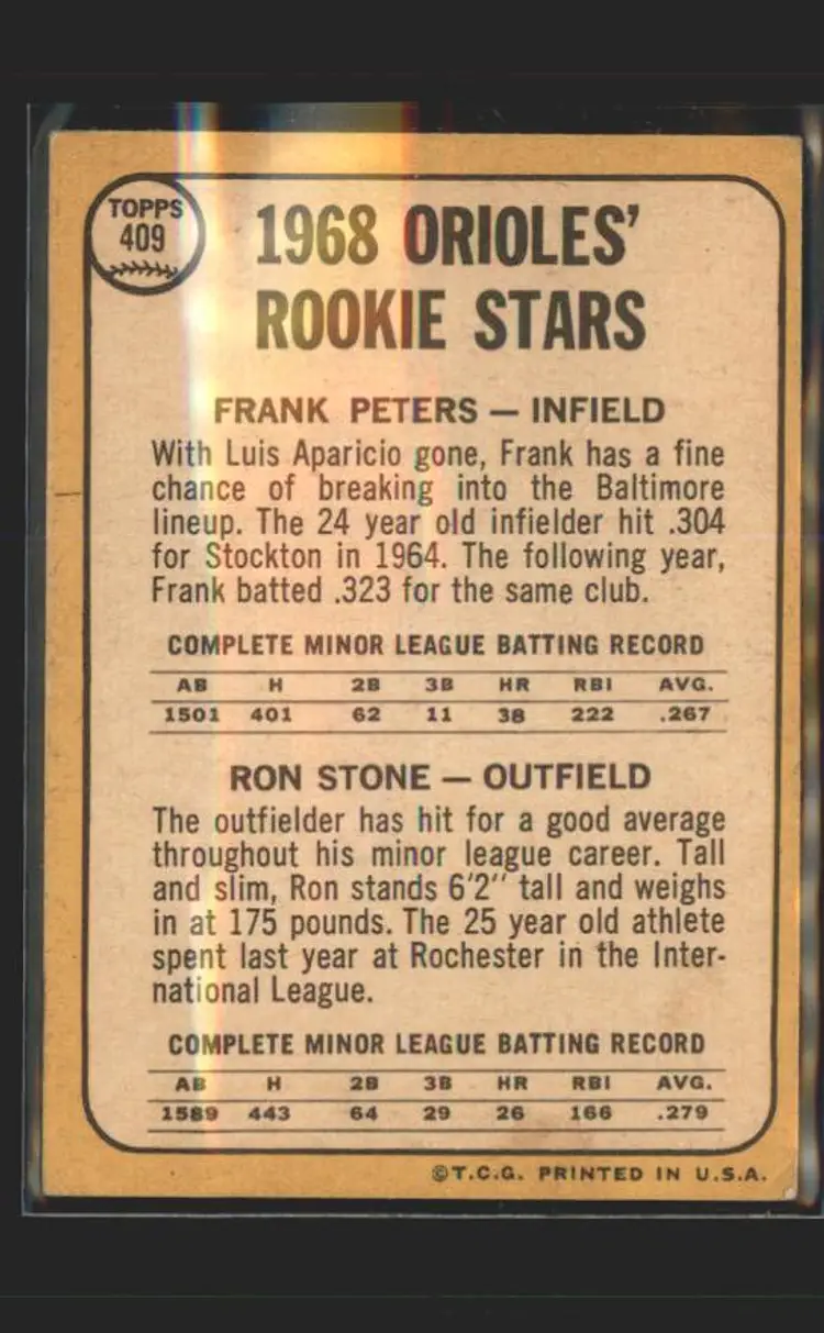 Orioles 1968 Rookie Stars (Frank Peters / Ron Stone) 1968 Topps #409 - (140) - Baltimore Orioles 2