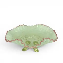 Jefferson Glass Opalescent Uranium Footed Bowl Pink Ruffled Edge Beaded UV Glows