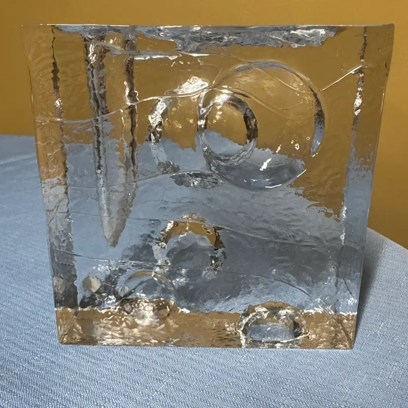 Pukeberg Sweden Vintage Bud Vase Candle Holder Clear Art Glass 5” by 5” by 2”