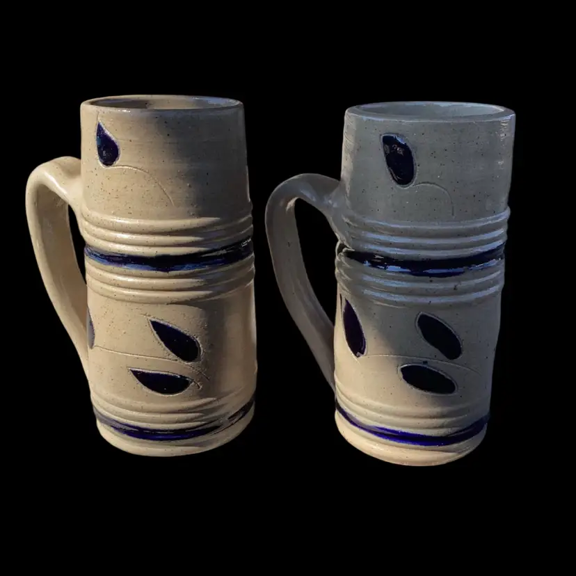 Pair Of Vintage Williamsburg Pottery Salt-Glazed Stoneware Mugs/Tall Beer Steins With Leaf Motif