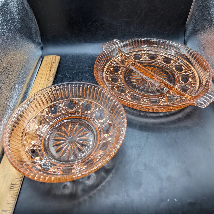 Vintage Set of 2 Pink Depression Indiana  Glass Windsor Cane and Button Serving Dishes.