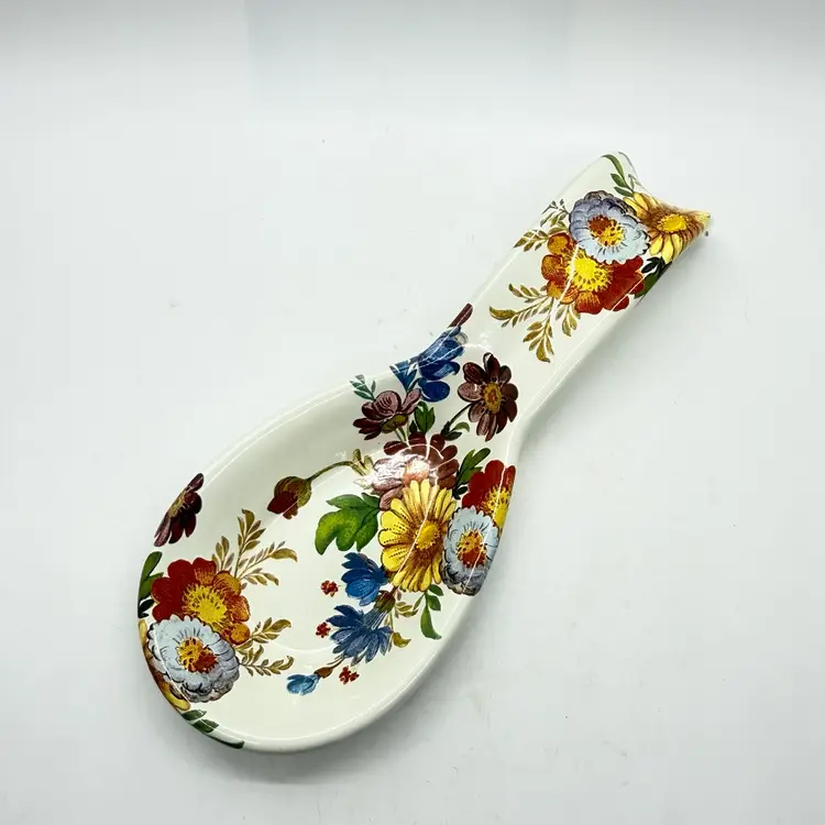 Mackenzie-Childs Metal Enamel Spoon Rest White Flower Market Floral Spring 8.25"