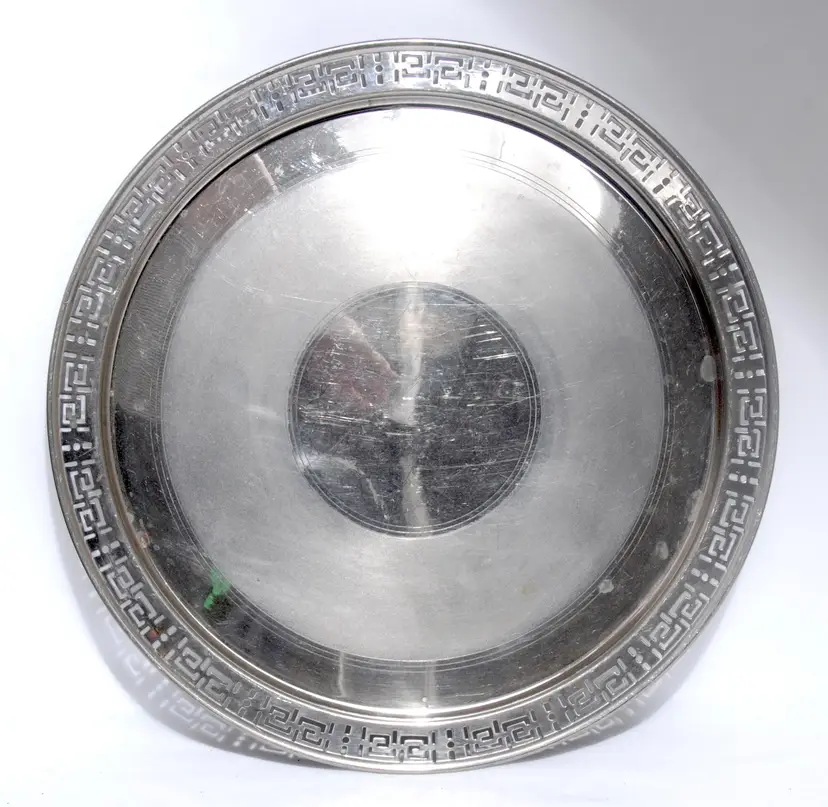 Silver Plated Serving Tray Manning Bowman Grecian Key Border Brushed Base USA