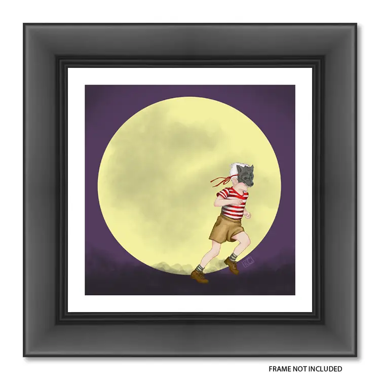MADE BY ME: 8x8 Archival Print Of My Digital Artwork- “Child Werewolf” Child, Werewolf mask and moon. Halloween Or Every Day Wall Art. Great For Gallery Wall. Created On My iPad Using Procreate - Not AI.