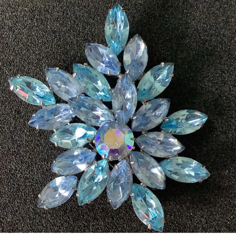 Vintage Silver Tone Pronged Blue Rhinestones 2.5”