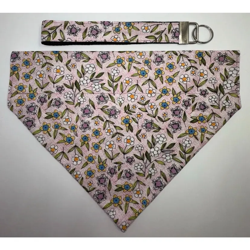Dog Bandana Pink Spring Flowers Large Dog Handmade 11” Wide, Matching Keychain