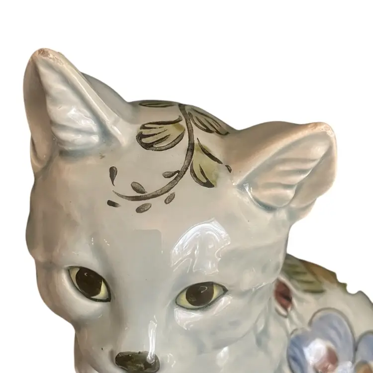 Vintage Cat Figurine Shafford Pale Blue With Green Blue Floral. Ceramic Japan