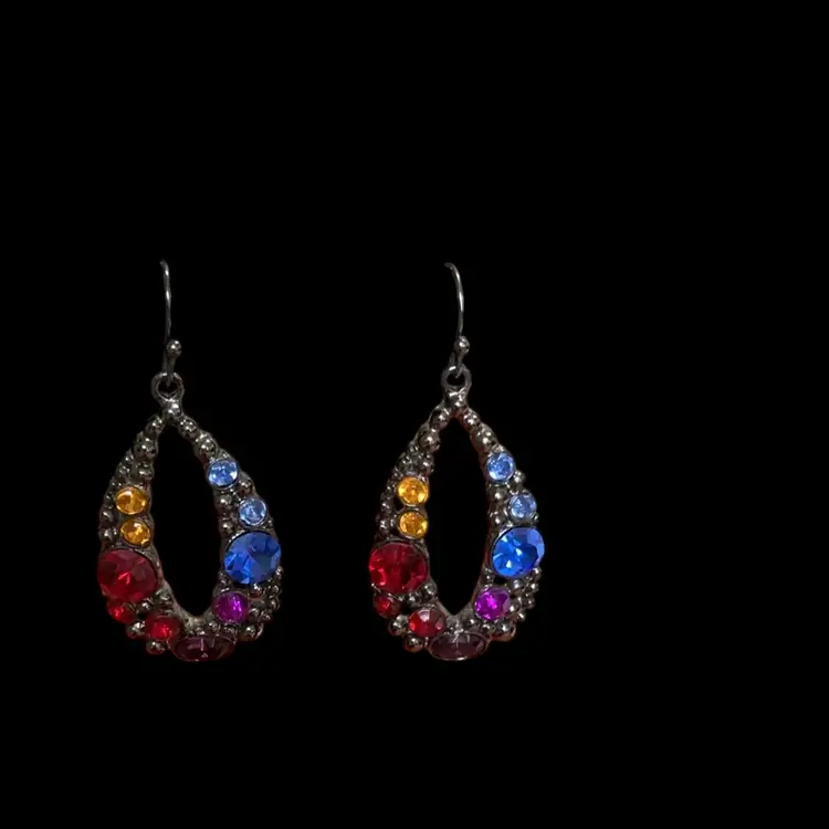 Gorgeous Gunmetal Grey Oval Shape Dangle Pierce Earrings. ( Hooks) With Multi Color Glass Rhinestones. Great For The Holidays