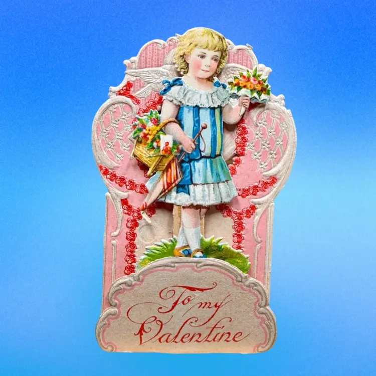 Antique 4.5” Small German Valentine Greeting Card Stand Alone Pop-up Signed