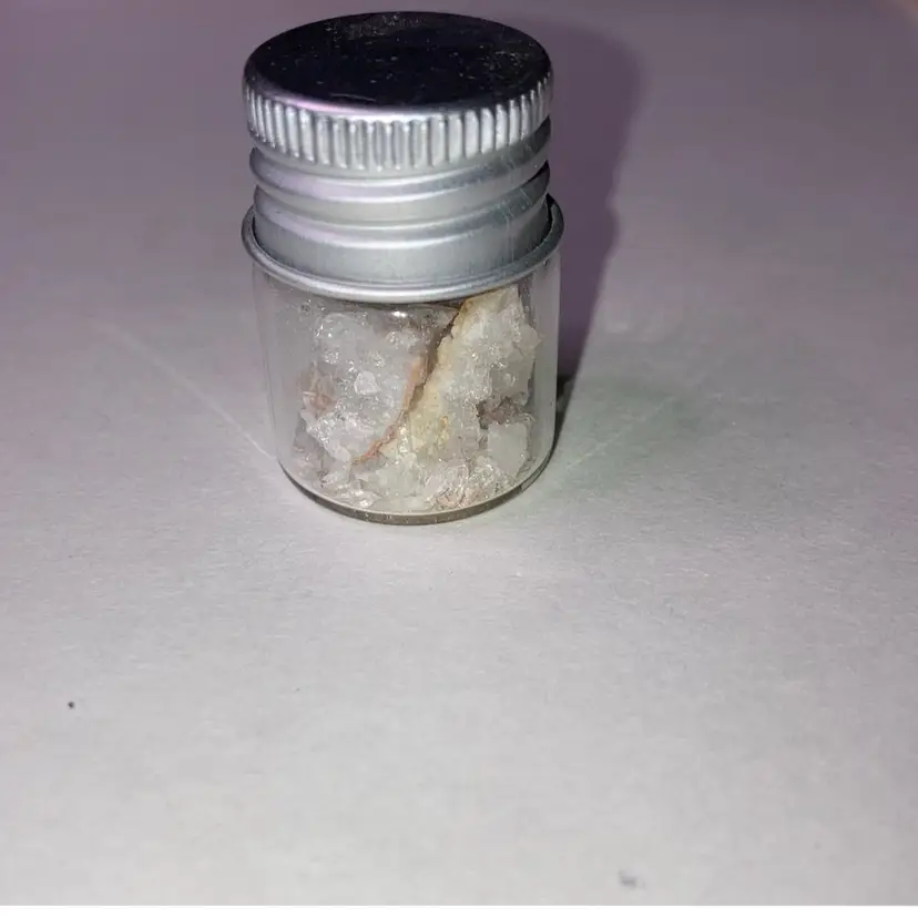 1 1/4” Tall Glass Bottle Full Of Geode Bits! Great For Display Or Crafting!  (Blue Sticker For Reference)