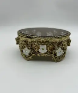 Vintage Hollywood Regency Styled Box Beveled Topaz Glass & Gilt Filigree Ormolu