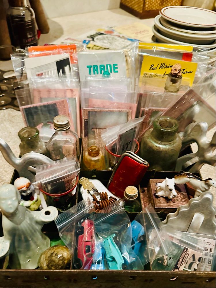Junk Drawer Variety!  Old Bottles Minis Christmas Ephemera And More!
