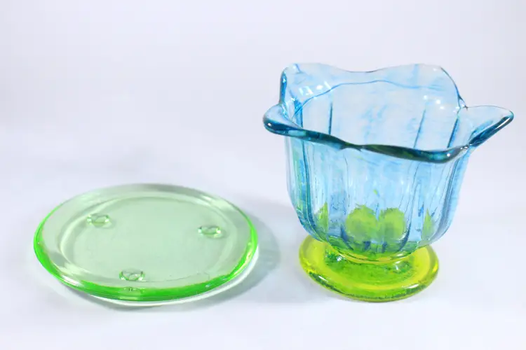 Ed Francis Off Center Studio Green Glass Flower Bowl with Glass Pedestal