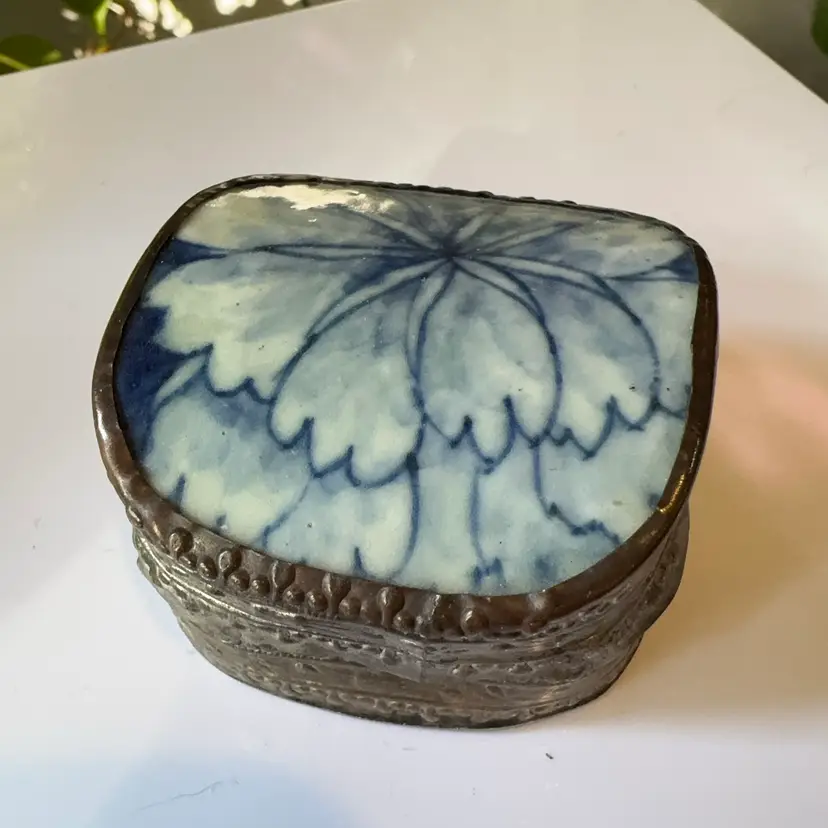 Blue Floral Silver Plate Trinket Box