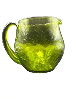 Vtg Blenko Green Crackle Glass Hand Blown Squat Pitcher Applied Handle And Spout