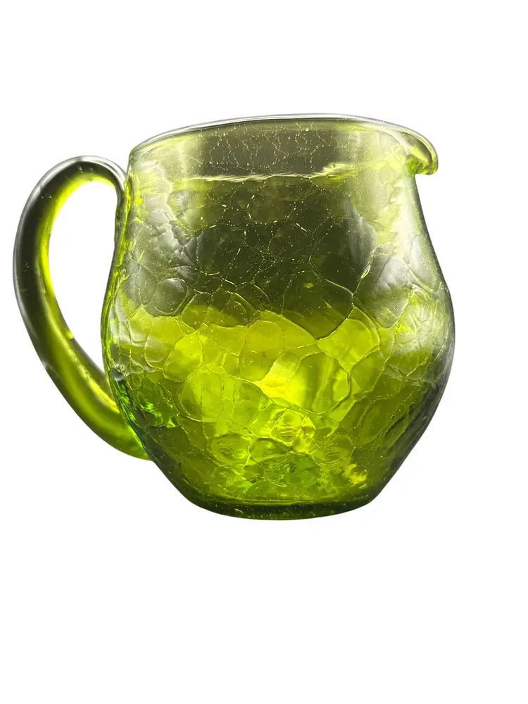 Vtg Blenko Green Crackle Glass Hand Blown Squat Pitcher Applied Handle And Spout