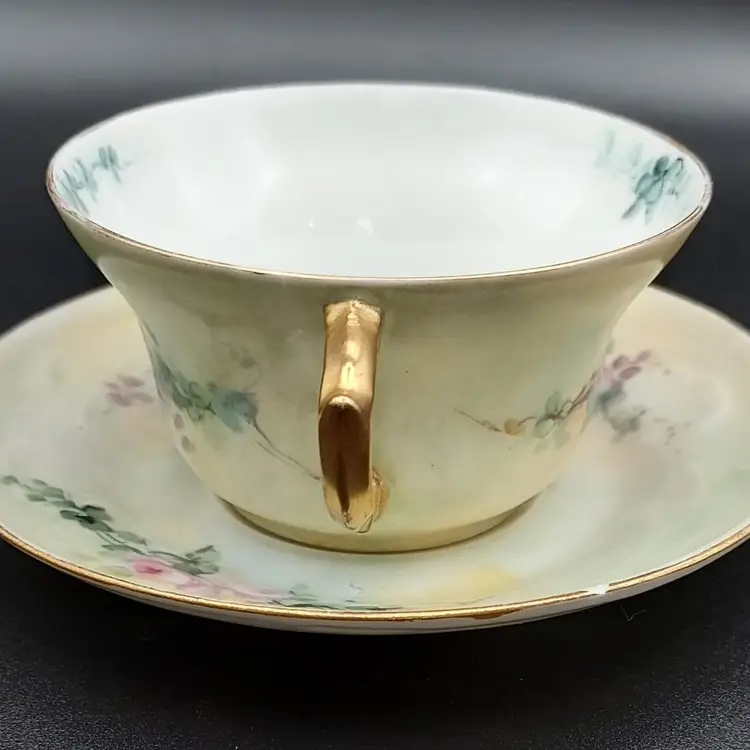 Antique 1895 Theo Haviland Limoges France Hand Painted Pink Floral Bouillion Cup & Saucer. As Is
